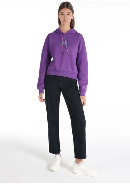 Regular Fit Kapüşonlu Baskılı Kadın Mor Sweatshirt
