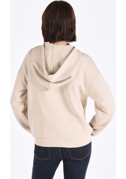 Regular Fit Kapüşonlu Baskılı Kadın Bej Sweatshirt