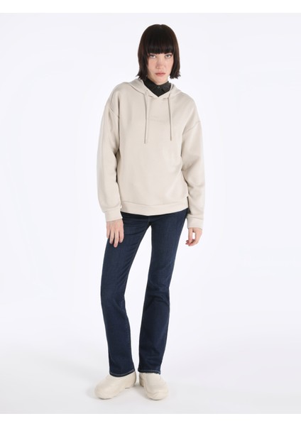 Regular Fit Kapüşonlu Baskılı Kadın Bej Sweatshirt