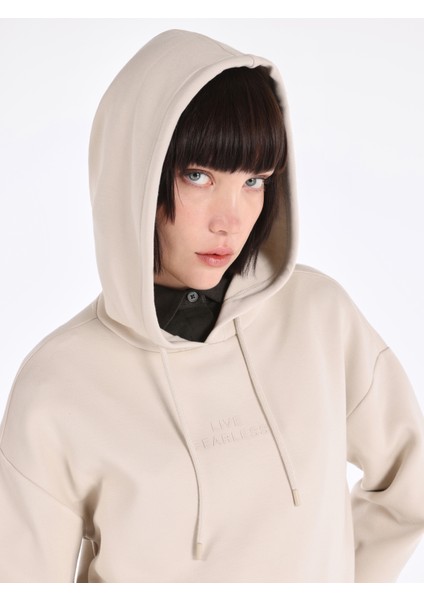 Regular Fit Kapüşonlu Baskılı Kadın Bej Sweatshirt