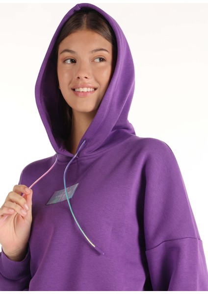 Regular Fit Kapüşonlu Baskılı Kadın Mor Sweatshirt