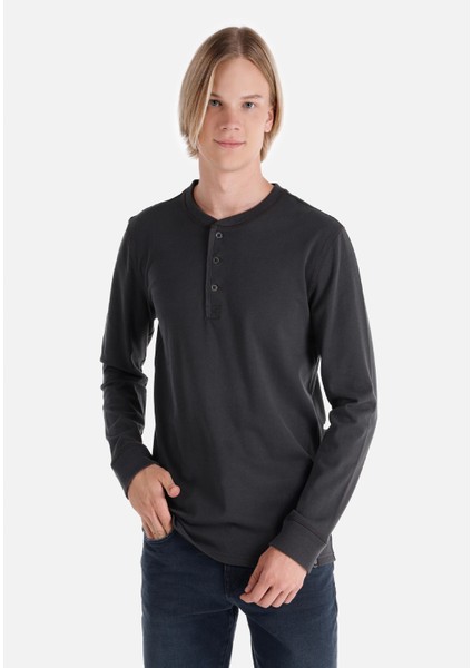 Slim Fit Düğmeli Yaka Düz Erkek Antrasit Uzun Kol Tişört