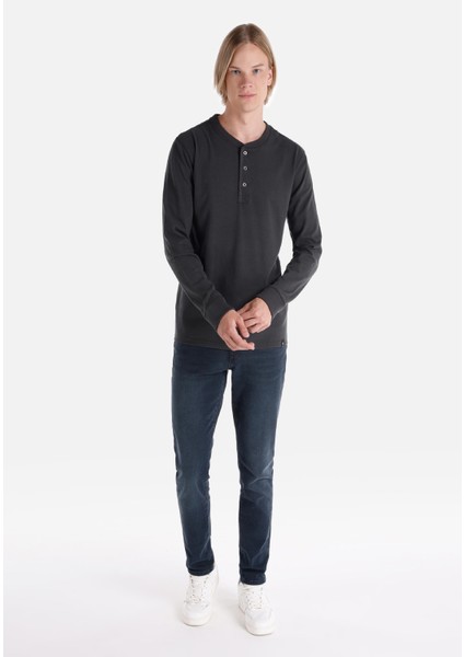Slim Fit Düğmeli Yaka Düz Erkek Antrasit Uzun Kol Tişört modelleri