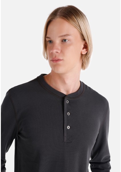 Slim Fit Düğmeli Yaka Düz Erkek Antrasit Uzun Kol Tişört fırsatları