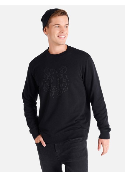 Regular Fit Bisiklet Yaka Baskılı Siyah Erkek Sweatshirt