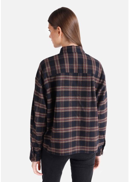 Regular Fit Shirt Neck Ekoseli Kadın Siyah Uzun Kol Gömlek fiyatları