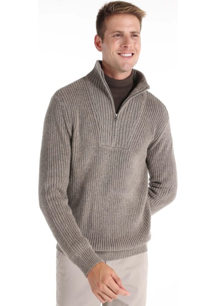 Slim Fit Turtle Neck Jakarlı Erkek Gri Kazak