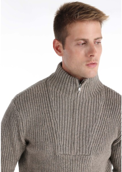 Slim Fit Turtle Neck Jakarlı Erkek Gri Kazak