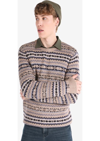 Regular Fit Yuvarlak Yaka Jakarlı Erkek Gri Kazak