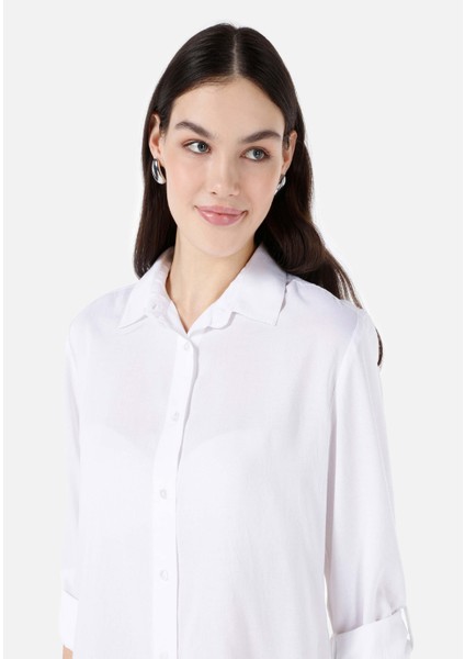 Regular Fit Shirt Neck Kadın Beyaz Roll-up Gömlek Cl1066570 fırsatları