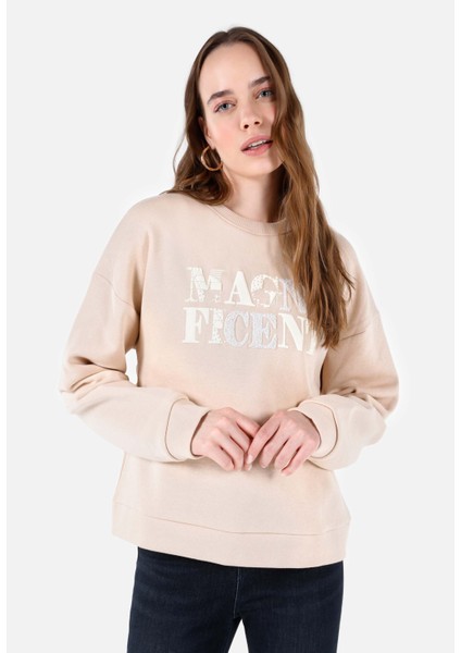Regular Fit Baskılı Bej Kadın Sweatshirt