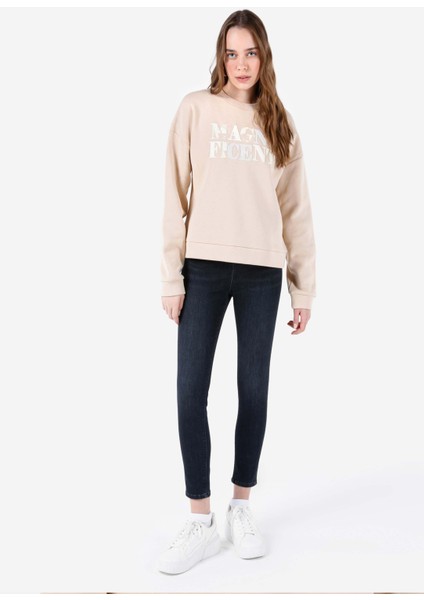 Regular Fit Baskılı Bej Kadın Sweatshirt