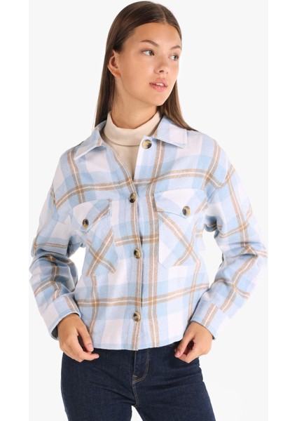 Regular Fit Shirt Neck Ekoseli Kadın Mavi Uzun Kol Gömlek