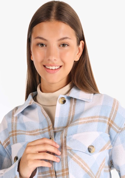 Regular Fit Shirt Neck Ekoseli Kadın Mavi Uzun Kol Gömlek modelleri