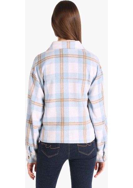 Regular Fit Shirt Neck Ekoseli Kadın Mavi Uzun Kol Gömlek fırsatları