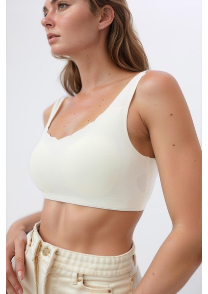 Krem Dikişsiz Lazer Kesim Sütyen Pedli Kadın Hayalet Sütyen Dalga Detaylı modelleri