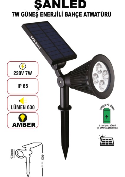 7W Güneş Enerjili Amber Işık Profesyonel Bahçe Sokak Dış Mekan Aydınlatma Projektör 2 Adet