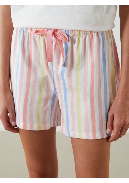 Yeni Sezon Beli Lastikli Cizgili Kadin Sort Pijama Alti 2'li - S5H116Z8