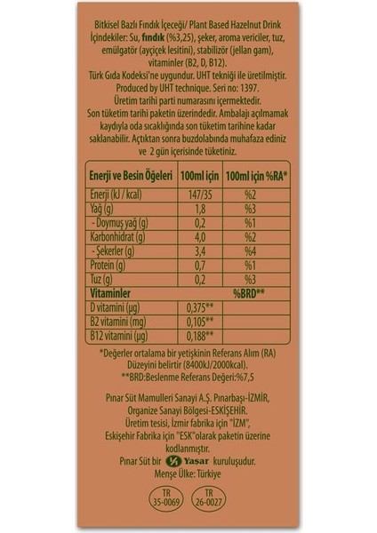 Nature Blend Bitkisel Bazlı Fındık İçeceği 1 L Vegan Laktozsuz x 24 Adet