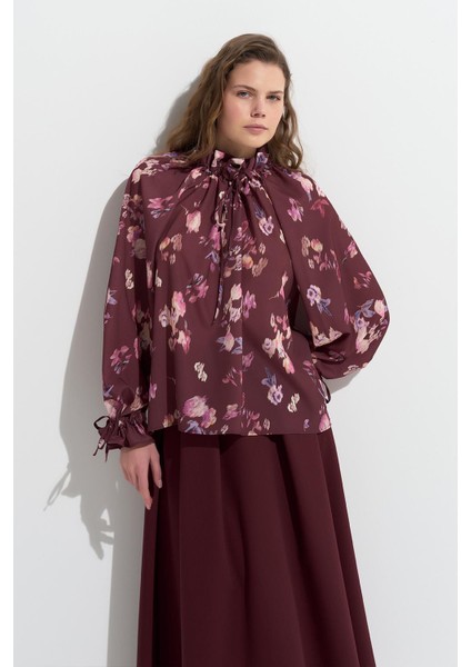 Clara Desenli Yaka Büzgülü Gömlek Bordo