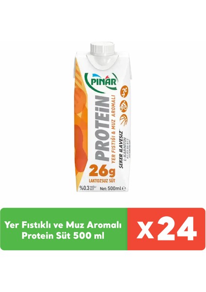 Yer Fıstıklı ve Muz Aromalı Protein Süt 500 ml x 24 Adet