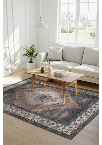 Stonart Klasik Eskitme Vintage Desenli Otantik Yıkanabilir Kahverengi/siyah Şönil Halı Al 438