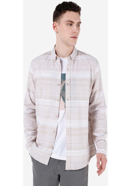 Regular Fit Shirt Neck Çizgili Erkek Bej Uzun Kol Gömlek Cl1068402