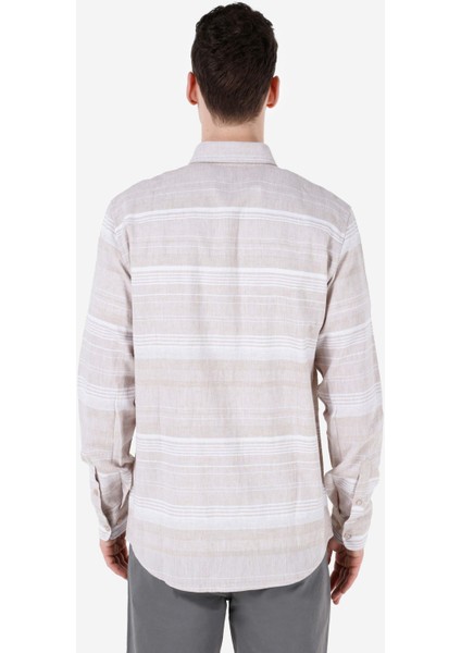 Regular Fit Shirt Neck Çizgili Erkek Bej Uzun Kol Gömlek Cl1068402