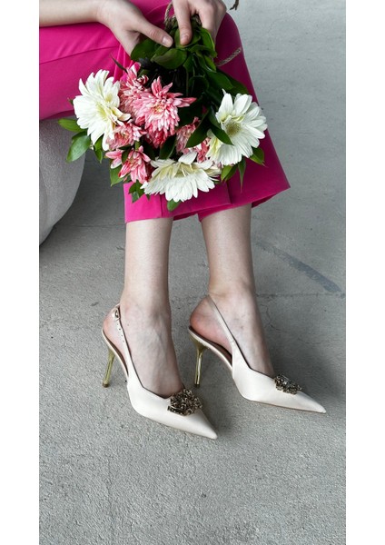 Jenny Saten Bej Taş Detaylı Topuklu Ayakkabı fiyatları