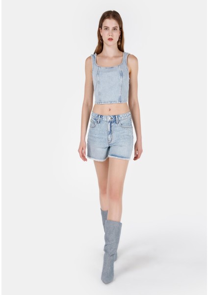 Mom Fit Yüksel Bel Kadın İndigo Jean Şort