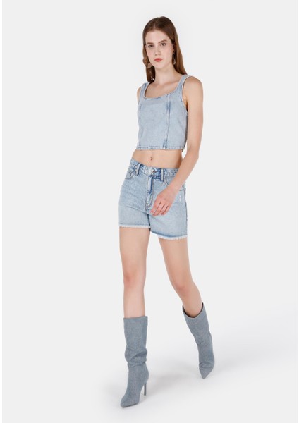 Mom Fit Yüksel Bel Kadın İndigo Jean Şort
