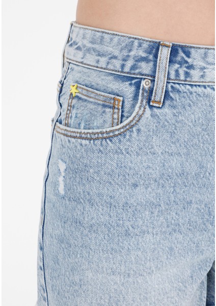 Mom Fit Yüksel Bel Kadın İndigo Jean Şort