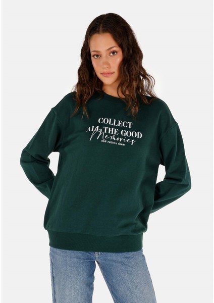 Regular Fit Yuvarlak Yaka Baskılı Kadın Yeşil Sweatshirt