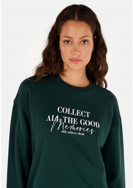 Regular Fit Yuvarlak Yaka Baskılı Kadın Yeşil Sweatshirt fırsatları