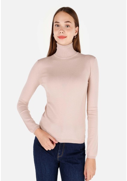 Slim Fit Balıkçı Yaka Kadın Bej Kazak