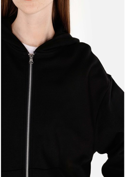 Regular Fit Fermuarlı Düz Kadın Siyah Sweatshirt