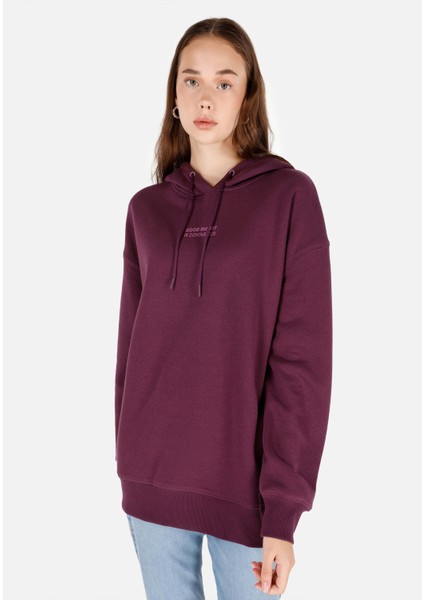 Comfort Fit Kapüşonlu Baskılı Kadın Mor Sweatshirt