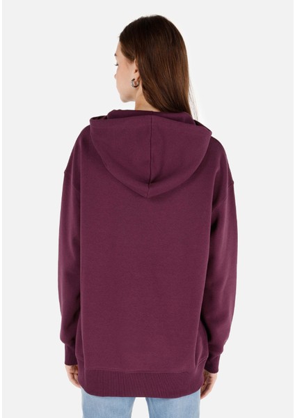 Comfort Fit Kapüşonlu Baskılı Kadın Mor Sweatshirt