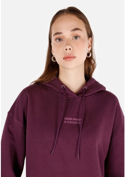 Comfort Fit Kapüşonlu Baskılı Kadın Mor Sweatshirt