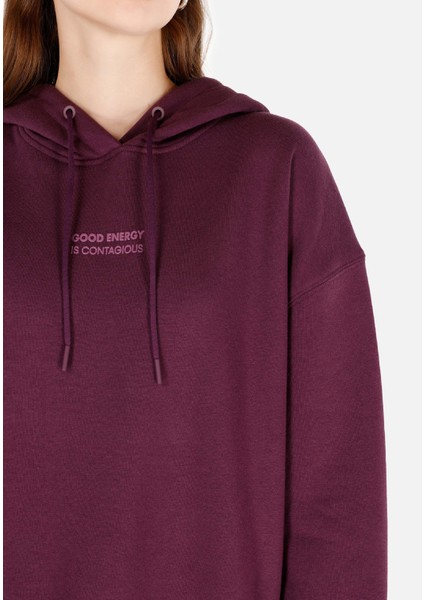Comfort Fit Kapüşonlu Baskılı Kadın Mor Sweatshirt