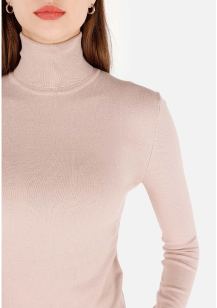 Slim Fit Balıkçı Yaka Kadın Bej Kazak
