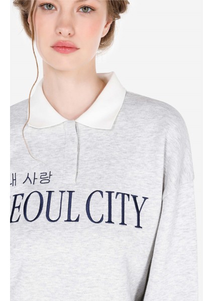 Normal Kesim Polo Yaka Baskılı Gri Kadın Sweatshirt CL1070458 CL1070458_Q1.V1_MGA