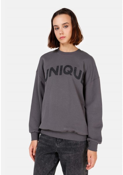 Comfort Fit Yuvarlak Yaka Kadın Antrasit Sweatshirt