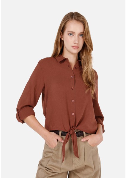 Regular Fit Shirt Neck Kadın Kahverengi Roll-up Gömlek