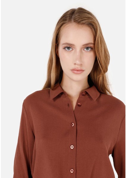 Regular Fit Shirt Neck Kadın Kahverengi Roll-up Gömlek fırsatları