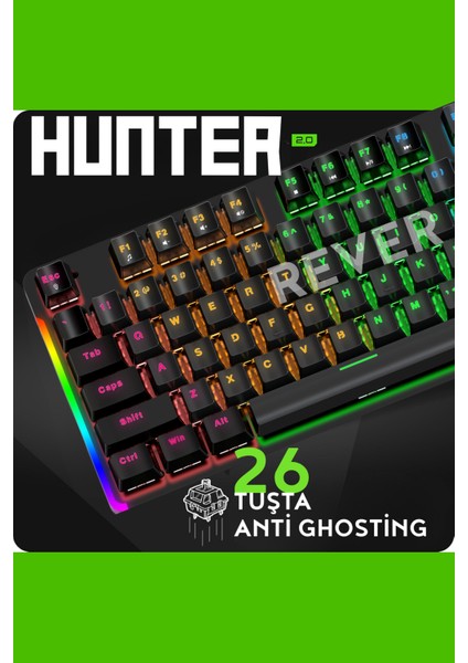 Hunter Blue Switch Mekanik Gaming Oyuncu Klavyesi Rainbow 15 Farklı Mod LED Işıklı Klavye