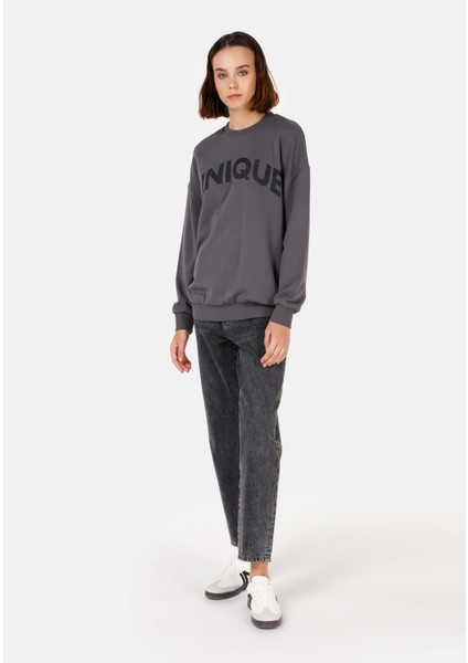 Comfort Fit Yuvarlak Yaka Kadın Antrasit Sweatshirt modelleri