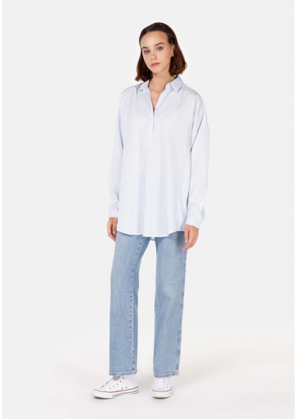 Relax Fit Shirt Neck Kadın Mavi Uzun Kol Gömlek modelleri