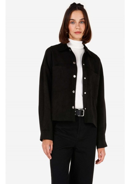 Regular Fit Shirt Neck Kadın Siyah Uzun Kol Gömlek