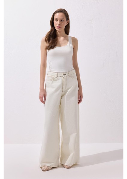 Dökümlü Bol Kot Pantolon Ekru